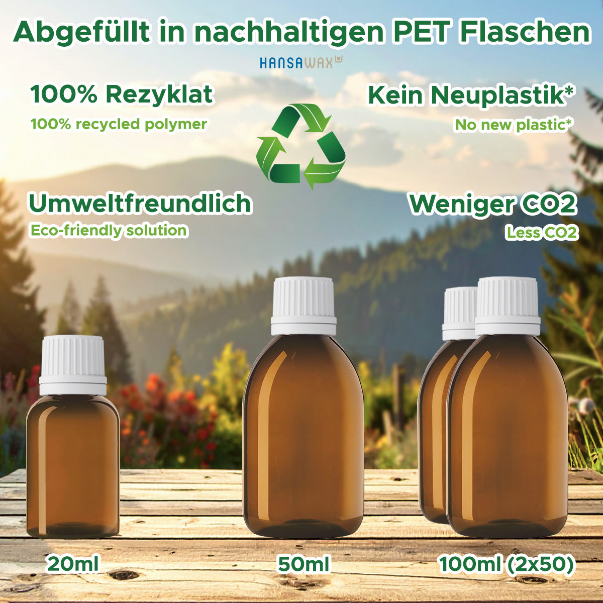 Die Flaschen sind zu 100% aus recyceltem Plastik und daher ein vollständiges Rezyklat.