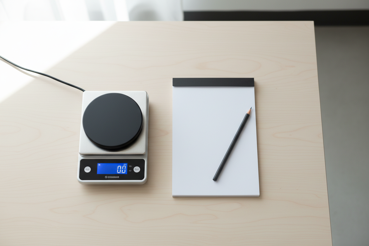 feinwaage und schreibblock auf einem hellen arbeitstisch.  ansicht von oben